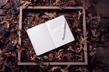 Open book, pen and frame on table