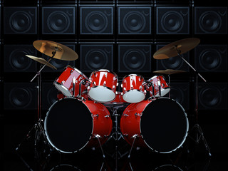 Red drum set in a dark room, on a background of guitar amps. 3D Render