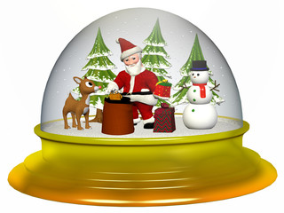 
Schneekugel mit Weihnachtsmann, Sack, Geschenken Tannen Schneemann und einem Rentier.
