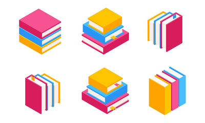 Obraz premium Vector Set of Colorful Horizontal and Vertical Stacks of Books in Isometric.Education Infographic Template Design with Books Pile.Set of Book Icons in Flat style isolated from white background