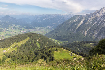 Fototapeta na wymiar View from German Rossfeld panorama strasse at mountain ridge in Austria
