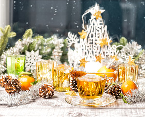 Hot tea Christmas window decoration Winter food drinks