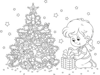 Black and white vector illustration of a little girl with a holiday gift near a decorated Christmas tree