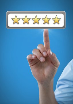 Hand touching five star review ratings
