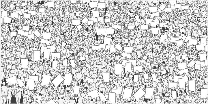Illustration of massive crowd protest with blank signs