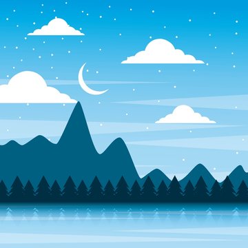landscape night mountains forest pine tree and sky moon vector illustration