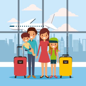 family in airport waiting room travel vacations vector illustration