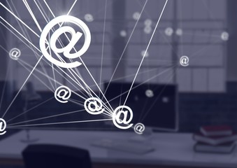 3D @ connected icons with dark office background