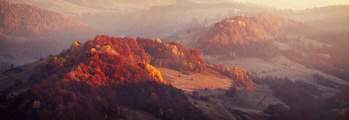 Mountain autumn panorama with colorful forest. Relict beech and hornbeam wood