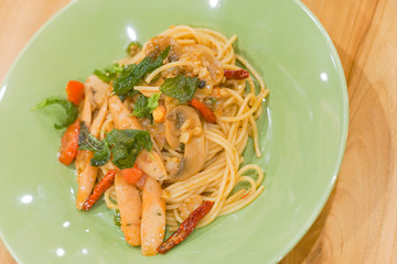 Stir-Fried Spaghetti with Olive Oil, Garlic , Dried Chili And Crispy Bacon