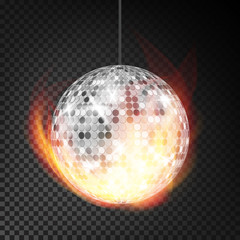 Silver Disco Ball In Fire Vector Realistic. Burning Dance Night Club Ball. Transparent Background Illustration