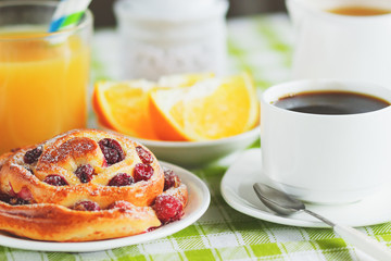 Soft boiled chicken egg, coffee and orange juice