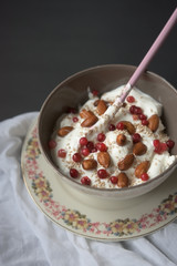 Vintage plate and bowl with cottage cheese and yogurt