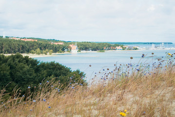 Blurred background with Nida pier, a view from big sand dunes with colorful flowers and dry grass at Curonian spit, Lithuania.