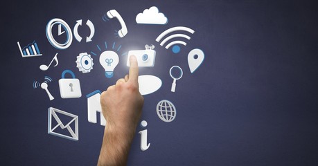 Hand touching 3D mixed app icons