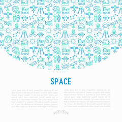 Fototapeta na wymiar Space concept with thin line icons: rocket, Earth, lunar rover, space station, telescope, alien, meteorite. Modern vector illustration for banner, print media, web page.