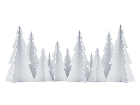 Silver Colored Merry Christmas Tree Forest On White, 3d Rendering