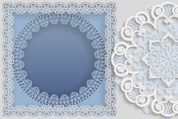 Round white frame in an rectangular frame with lace edges and  3D mandala on the side. Template for wedding and other congratulations. In the middle there is space for text, pictures, photos. Vector.