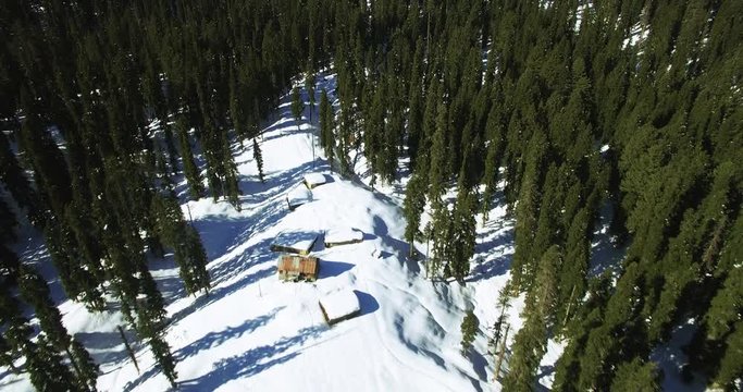 Remote cabin in Gulmarg mountain forest, aerial