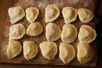 close-up of raw vareniks, traditional ukrainian food