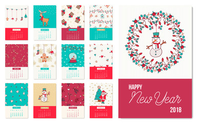 Happy New Year 2018 cute xmas calendar template