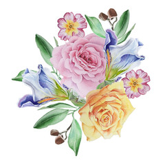 Fototapeta na wymiar Watercolor bouquet with flowers. Rose. Iris.. Primula. Watercolor illustration. Hand drawn.