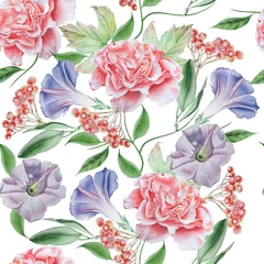 Poster Bright seamless pattern with flowers. Petunia. Rose. Rowan. Watercolor illustration. Hand drawn. © redneks