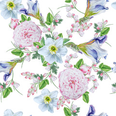 Bright seamless pattern with flowers. Rose. Iris. Narcissus. Watercolor illustration. Hand drawn.