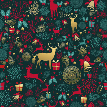 Christmas gold deer decoration seamless pattern