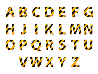 Vector alphabet. Set of striped letters in the form of a protective tape. Repair of building hazard design. Vector illustration.