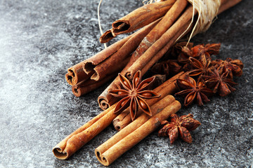 Mulled wine ingredients spices. Anise, cinnamon, cardamom on  table.