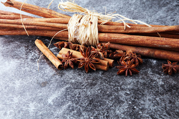 Mulled wine ingredients spices. Anise, cinnamon, cardamom on  table.