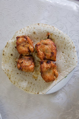 Chicken pox fry. Azerbaijan flat bread lavash. Tasty homemade deep fried chicken with spicy sauce.