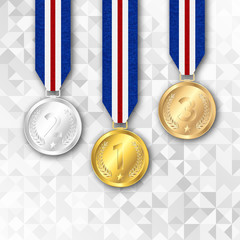 Set of gold, silver and bronze award medals. Realistic vector illustration.