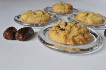 Homemade delicate butter cookies with chocolate drops and dried dates