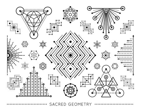 Sacred geometry style symbol set. Sacral geometric outline signs isolated on the white background. Line art elements. Editable stroke. Paths are not expanded. EPS 10 linear design vector illustration.