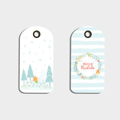 Set of cute Christmas gift tags, cards with lettering Merry Christmas, animals, presets, tree and snowflakes.