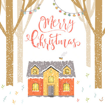 Abstract Christmas background with winter house, forest , lettering and white sparkling snowflakes.