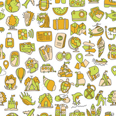 Travel and summer seamless pattern, journey and trip background. Adventure time pattern in hand draw style, vector sketch elements on repeatable pattern