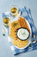 Feta cream cheese dill garlic dip with crackers