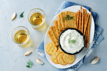 Feta cream cheese dill garlic dip with crackers