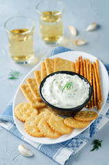 Feta cream cheese dill garlic dip with crackers