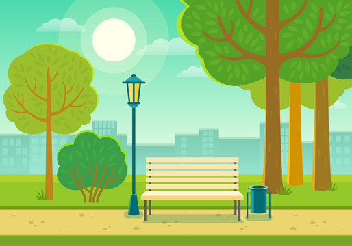 Vector illustration of a beautiful summer city park with town building background, path, bench and street lamp.