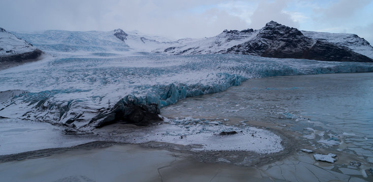 Aerial photo of blue glacier, Fjallsárlón Iceland