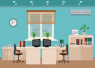 Office room interior including two work spaces with cityscape outside window.