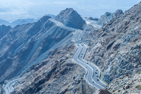 Al Hada Mountain in Taif City, Saudi Arabia with Beautiful View of Mountains and Al Hada road inbetween the mountains.