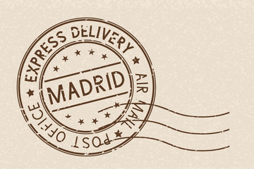 Round stamp Madrid, Spain on beige background