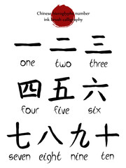 Set of Chinese hieroglyph numbers 1,2,3,4,5,6,7,8,9,10 with translation. Hand drawn ink brush numerals on white background. Japan red sun stamp on top illustration.