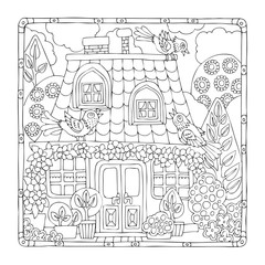 Hand drawn fairy house with birds in frame. Sketch for anti-stress adult coloring book in zen-tangle style. Vector illustration for coloring page.