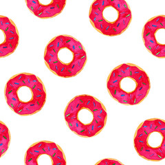Fototapeta premium Watercolor glazed donuts pattern. Pink dessert. For design, print or background